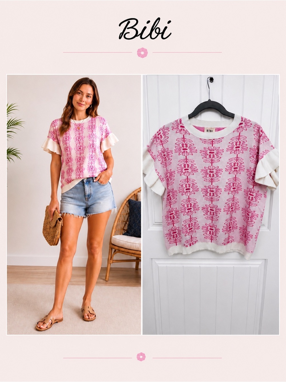 BiBi Pink Floral Knit Ruffle Sleeve Top